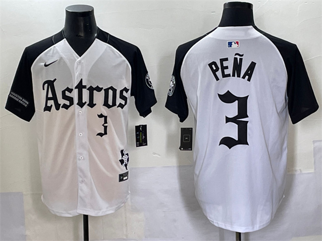 Men's Houston Astros #3 Jeremy Peña White/Black Gothic 'Houston Born Barrio Raised' Limited Stitched Baseball Jersey